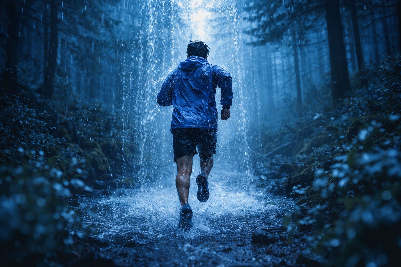 someone running beneath cold water in blue forest