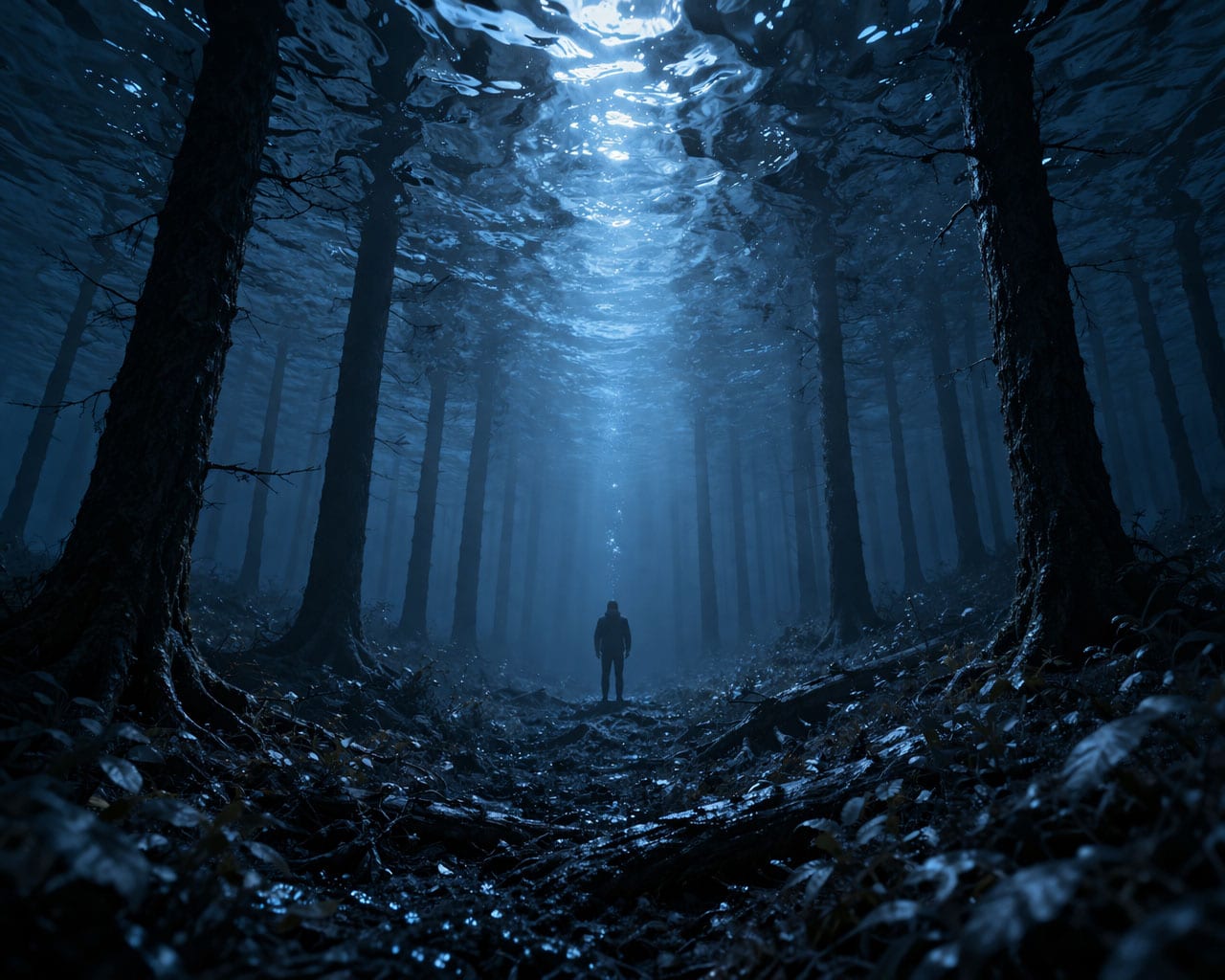 someone watching distant and still beneath cold blue forest water